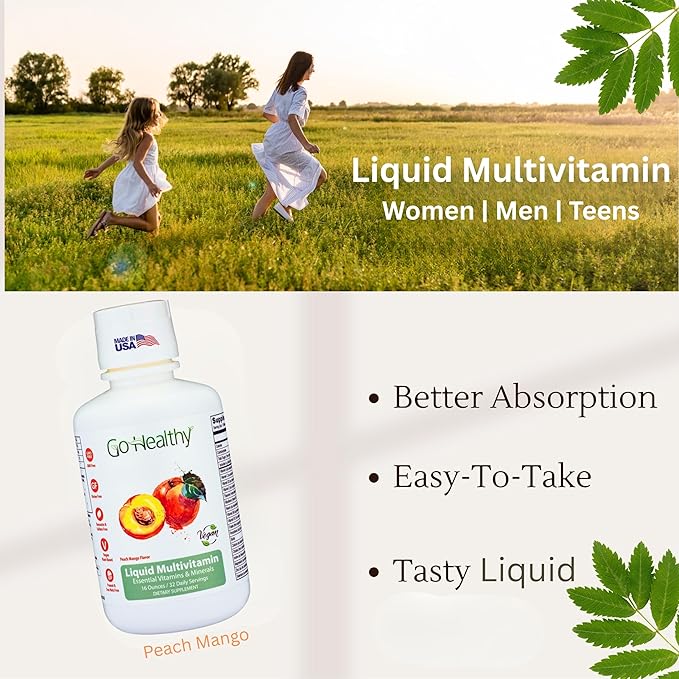 Go Healthy Liquid Vitamins for Women Men Teens | Vegan Vitamin &amp Mineral | High Absorption | Premium Liquid Multivitamin | Immune Support | Peach Mango - 32 Servings
