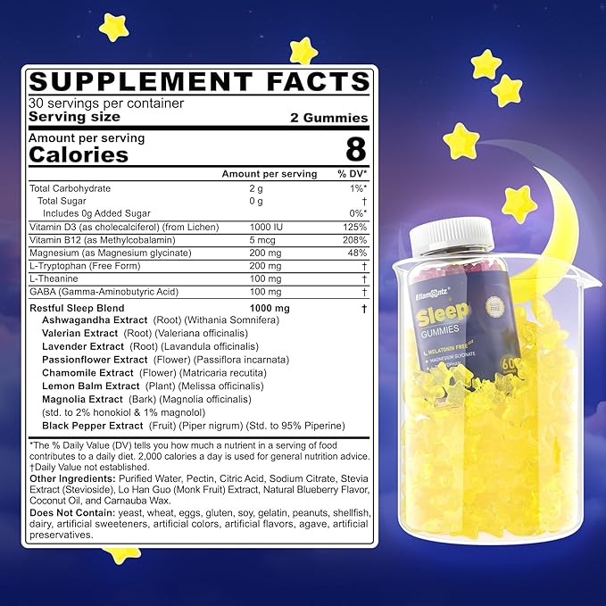 Sleep Gummies Melatonin Free with Magnesium Glycinate L-Tryptophan GABA L-Theanine Ashwagandha Natural Sleep Aid Calm Relax Gummy No Melatonin for Adults Extra Strength without Melatonin 60Cts