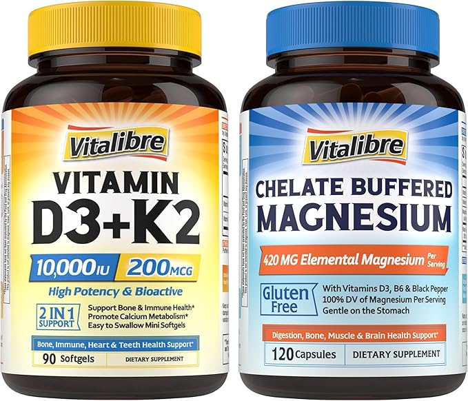 Vitamin D3 K2 Supplement 10000 IU 90 Softgels and Magnesium Citrate 420mg with Vitamin D3 &amp B6 120 Capsules