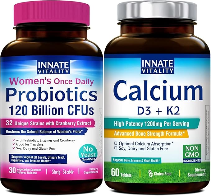 Innate Vitality Calcium 1200mg with D3 &amp K2 + Women's Probiotics 120B CFU Bundle | Bone Density &amp Feminine Flora Support with Cranberry Digestive Enzymes &amp pH Balance