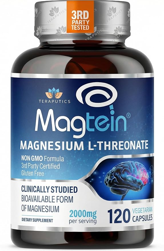 Magnesium L Threonate Magtein Brain Supplement for Memory Focus Sleep and Cognitive Support High Absorption Magnesium L-Threonate Non-GMO No Laxative Effect – 2000 mg 120 Vegan Capsules