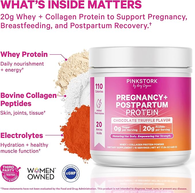 Pink Stork Pregnancy &amp Postpartum Protein Powder for Women 20g Whey &amp Collagen Prenatal &amp Breastfeeding Protein Shake Mix for Energy Recovery &amp Hydration Chocolate 15 Servings