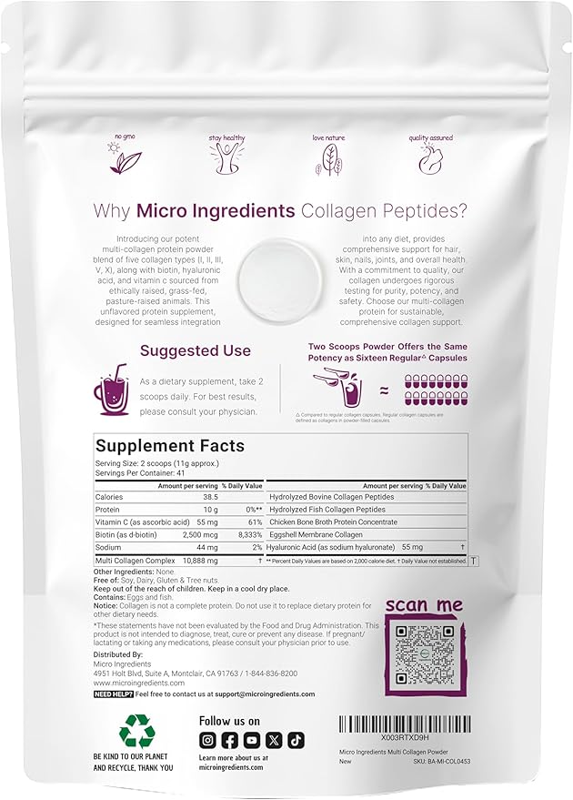 Micro Ingredients Multi Collagen Protein Powder 16oz &amp Vitamin D3 5000iu + K2 100mcg Softgels Bundle 2 Pack | Grass-Fed Collagen Peptides | Essential Sunshine Vitamins