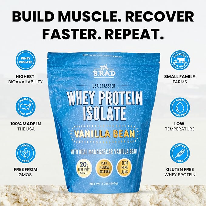 B.rad Grass Fed Whey Protein Isolate | Ultra-Pure All-Natural Clean Ingredients | 2 Pounds | 100% USA Sourced | Vanilla Bean