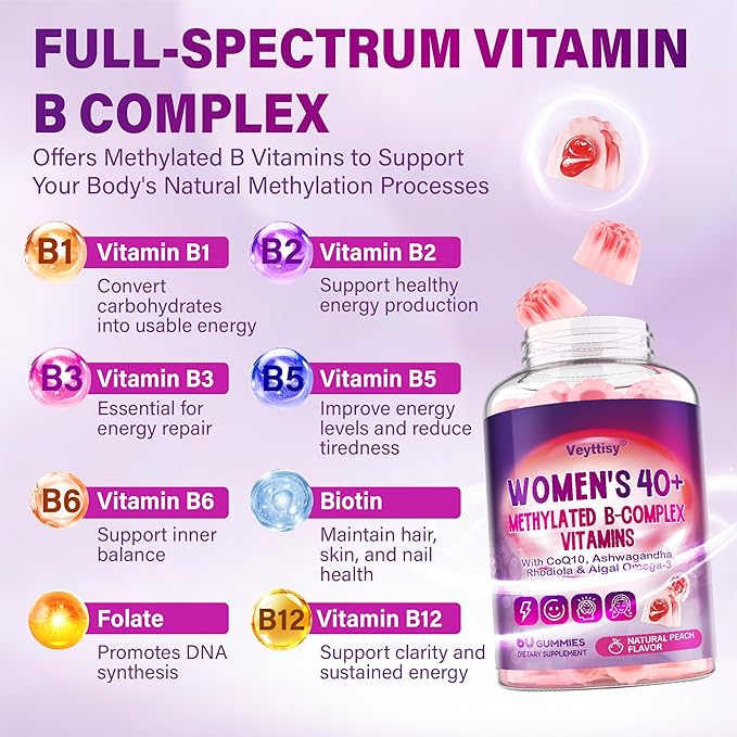 Methylated B Complex Vitamins Gummies for Women 40 Plus - B-Complex Vitamins B6 B1 B2 B3 B5 Methyl B12 Methylfolate Biotin with Vitamin C Omega-3 CoQ10 &amp Ashwagandha - Sugar-Free Vegan Non-