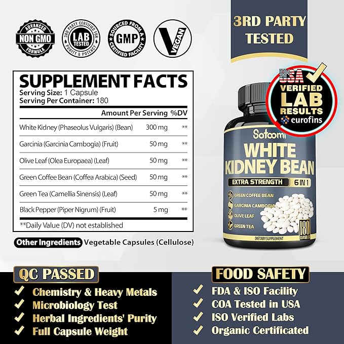 Satoomi 6in1 White Kidney Bean Extract Capsules - 6 Month Supply - Extra Blend with Olive Leaf Green Coffee Bean &amp Green Tea - 180 Counts