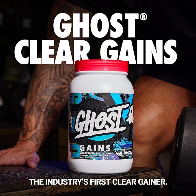 GHOST Clear Gains Mass Gainer Protein Powder - Post-Workout Weight Gainer Mix - 40g of Whey Protein Isolate 440 Calories &amp 70g Vitargo Carbs - Lean Muscle Building &amp Recovery - Blue Raspberry