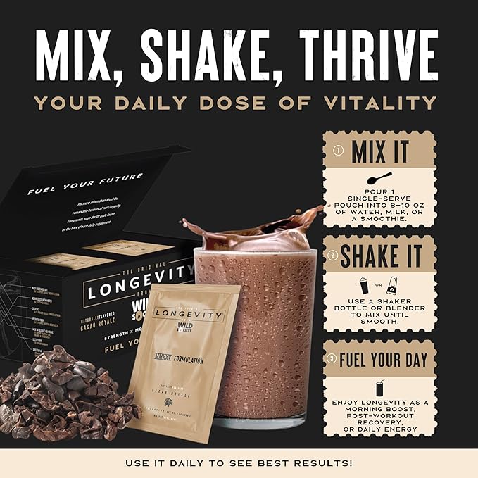WILD SOCIETY Longevity Shake - Anti Aging Supplement - Protein Powder for Muscle Retention &amp Recovery with Whey Isolate Collagen &amp Creatine | Cacao Royale 15 Servings