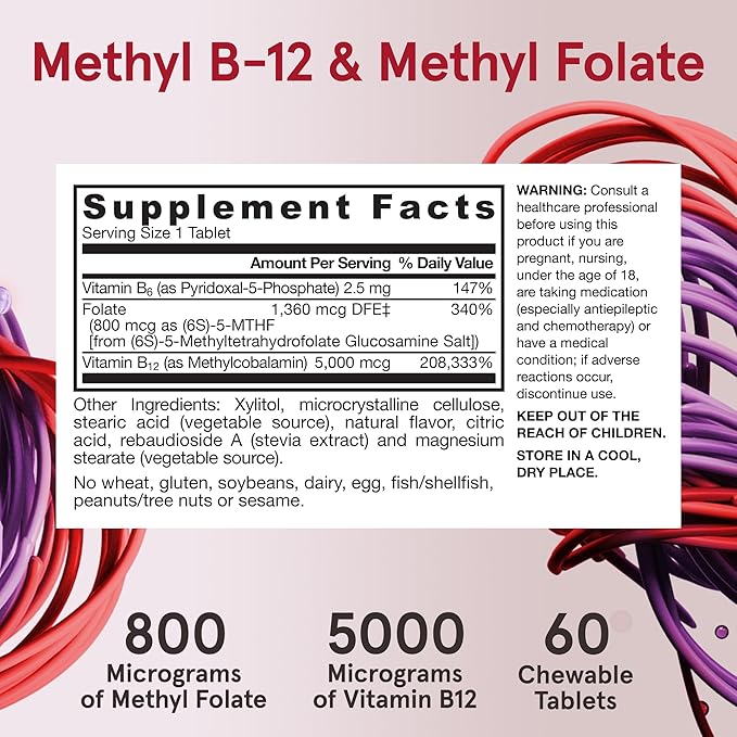 Jarrow Formulas Methyl B-12 &amp Methyl Folate Bioactive Vitamin B9 and Vitamin B12 Supplement Supports Cellular Energy Production Healthy Brain Function &amp Metabolism 60 Chewable Tablets 60