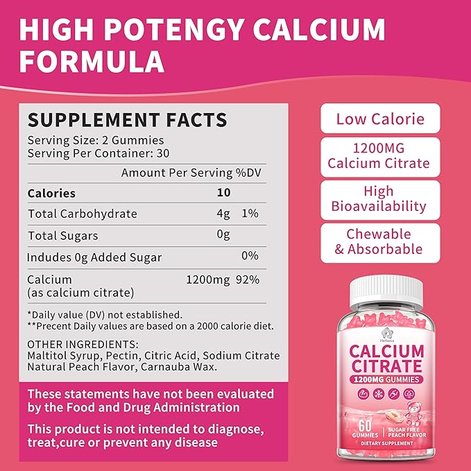 (3 Pack) Calcium Citrate Gummies 1200 mg for Adults High Absorption Calcium Supplement for Women &amp Men Sugar Free Non-GMO Gluten Free Supports Muscle &amp Immune - Natural Peach Flavor