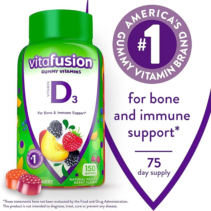 Vitafusion Fiber Well Sugar Free Fiber Supplement &amp Vitamin D3 Gummy Vitamins for Bone and Immune System Support Peach BlackBerry and Strawberry Flavored 50 mcg Vitamin D 75 Day Supply 150 Co