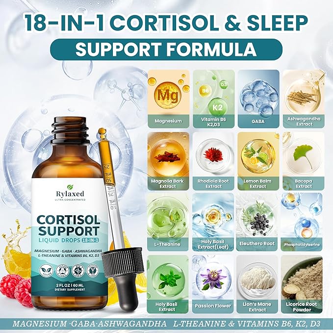 Cortisol Supplements for Women &amp Men 18 in 1 Stress &amp Mood Support Drops with Magnesium 480mg GABA Ashwagandha L-Theanine &amp Phosphatidylserine for Relaxation &amp Sleep Lemon Raspbe