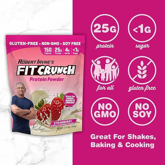 Fit Crunch Tri-Blend Whey Protein Keto Friendly Low Calories High Protein Gluten Free Soy Free (18 Servings Strawberry)