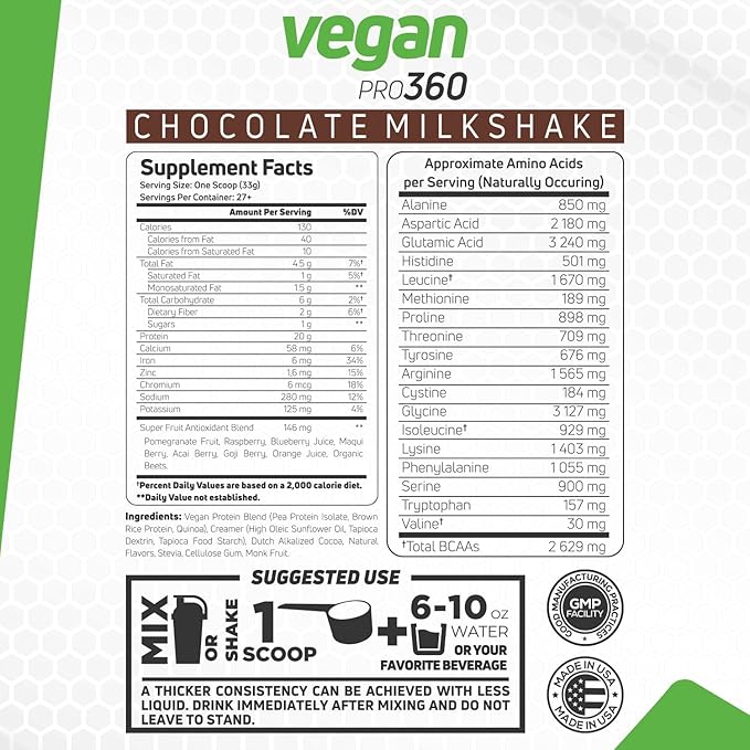 Forzagen Vegan Protein 360 2 Lbs 27 Servings Plant Based Protein Extracted from Quinoa Brown Rice and Pea Isolate Protein Dairy Soy and Gluten Free Nom GMO (Chocolate Milkshake)
