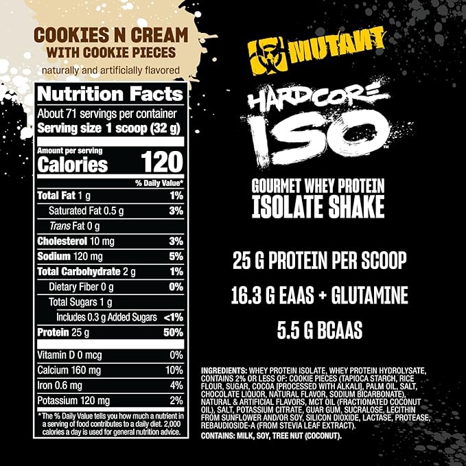 Mutant Hardcore ISO Whey Protein Isolate Powder Acts Fast to Help Recover Build Muscle Bulk and Strength 5 lb - Cookies &amp Cream