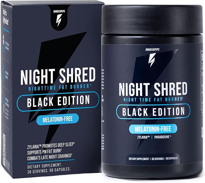 Night Shred Black Melatonin-Free Nighttime Fat Burner and Sleep Support Supplement - GABA Complex with Ashwagandha CLA Grains of Paradise and Zylaria - Thermogenic Fat Burner - 90 Vegan Capsules