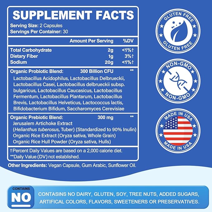 Probiotic 300 Billion CFU - 12 Strains with Organic Prebiotics for Digestive &amp Gut Immune Bloating Health - Probiotics for Women and Men - Daily Dairy Free Shelf Stable - 60 Counts