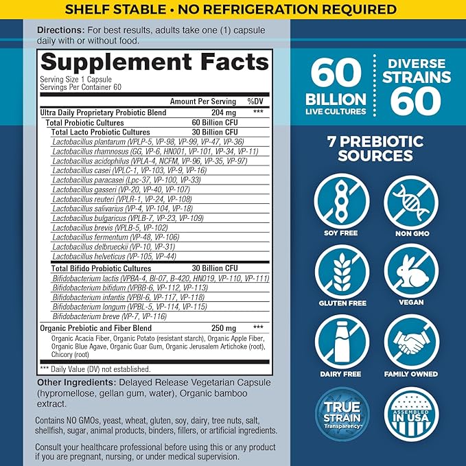 Vital Planet - Vital Flora Ultra Daily Probiotic 60 Billion CFU 60 Diverse Strains 7 Organic Prebiotics Immune Support Digestive Health Shelf Stable Probiotics for Women and Men 60 Capsules