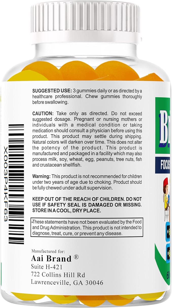 BrightStart Focus Gummies for Kids with Omega 3 EPA DHA – Brain Vitamins Supports Focus Memory &amp Attention for Children &amp Teens | Non-GMO Chewable Supplement 60 Gummies