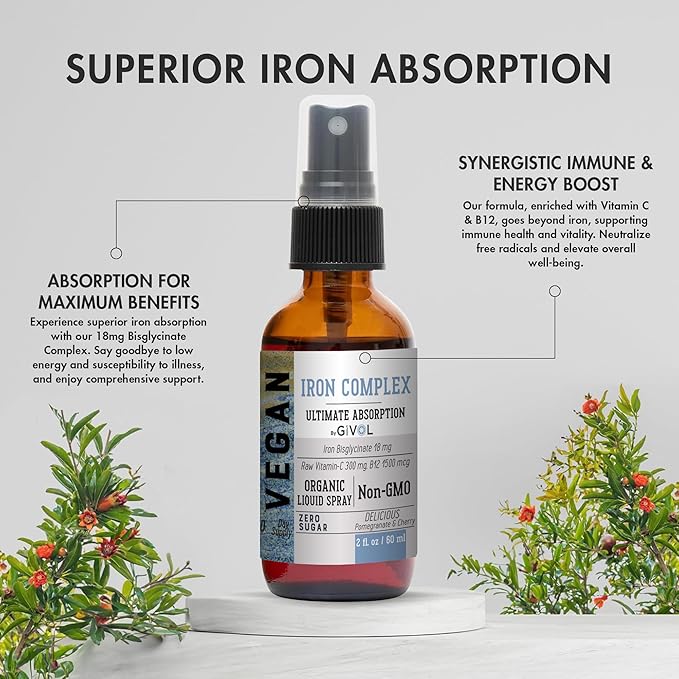 Iron Supplement - 18mg Bisglycinate Complex with Vitamin C &amp B12 for Energy &amp Immunity Boost and Organic ZINC Boost Mist 40mg (Extra Strength) - Sugar Free with VIT C and Elderberry Extract