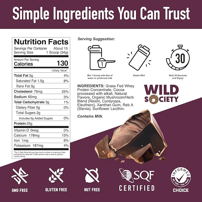 WILD SOCIETY - Top Flavor Mulitpack - 100% Grass Fed Whey Protein Powder + Superfood Mushrooms &amp Adaptogens - 25g Protein Clean Protein Powder 0 Added Sugar Non GMO Gluten Free -