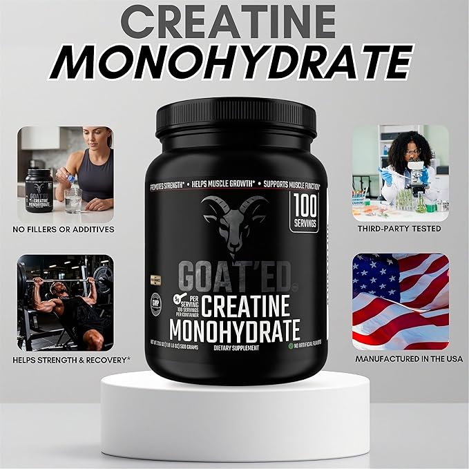 GOAT'ED Creatine Monohydrate Powder | 100% Pure Micronized Creatine for Muscle Growth Strength &amp Recovery | High-Absorption Unflavored Creatine Supplement for Men &amp Women 100 Servings