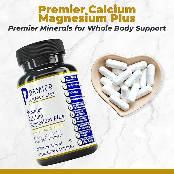 Premier Research Labs Calcium Magnesium Plus - Calcium Magnesium Supplement Calcium Supplement for Bone Health with Mushroom Complex - Reishi &amp Lions Mane - 90 Vegetarian Capsules