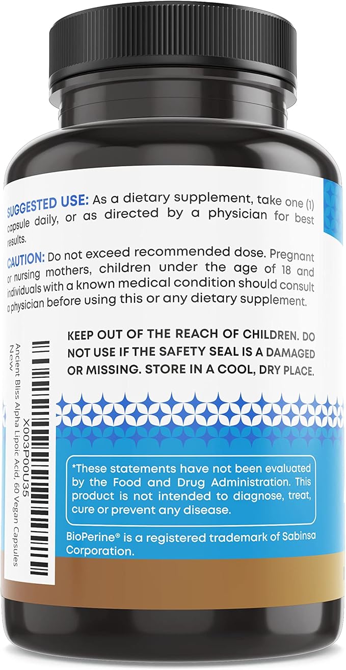Ancient Bliss Alpha Lipoic Acid Supplement Antioxidant and Energy Support ALA Supplement with Bioperine No Gluten and Soy 600mg per Serving 60 Vegan Capsules