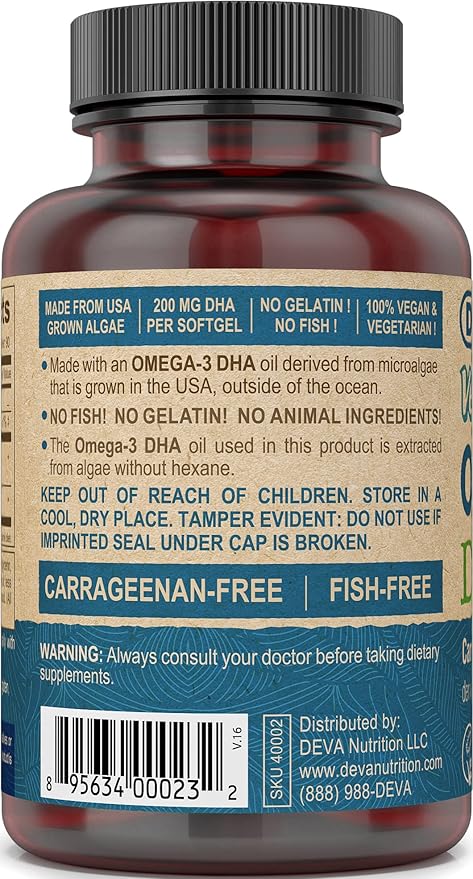 Deva Vegan Omega-3 DHA Supplement - Once-Per-Day Softgels 200 MG - Carrageenan Free - Gelatin Free - Non-Fish - Algae Oil Omega-3 Fatty Acids - 90 Softgels