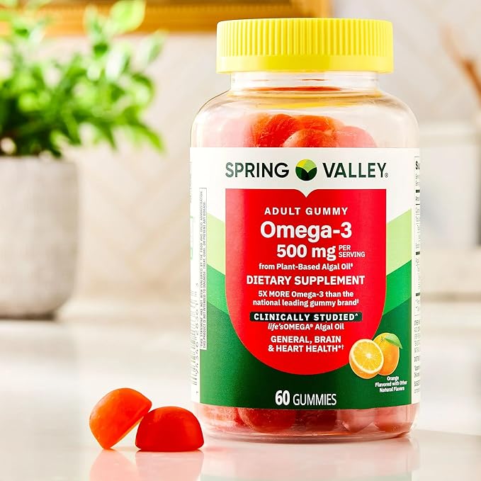 SUREFECT Spring Valley Omega-3 from Plant-Based Algal Oil Gummies for Brain &amp Heart Health Support Orange 500 mg 60 Count Organizer.