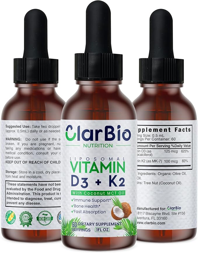 Liposomal Vitamin D3 K2 (MK-7) Liquid Drops with MCT and Olive Oil | Vitamin D3 5000iu | Bone &amp Heart Health | Immune &amp Joint Support Supplement | Maximum Absorption| Made in USA