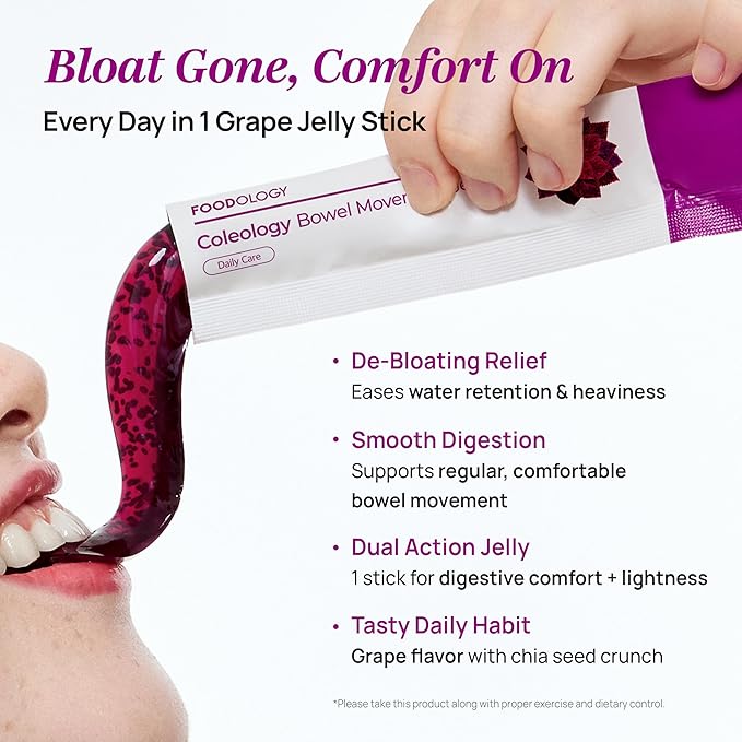 FOODOLOGY Coleology Bowel Movement Jelly (Grape &amp Prune) – Prebiotic Fiber Supplement for Gut Health &amp Daily Regularity Chia Seeds Korean Supplement – 10 Sticks (Pack of 3)
