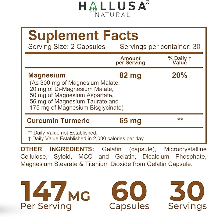 Magnesium 4 Complex + Curcumin Turmeric 60 Capsules Bisglycinate Malate Aspartate &amp Taurate Magnesium Complex Supplement for Energy Muscle Nerve Joint &amp Relaxation Support