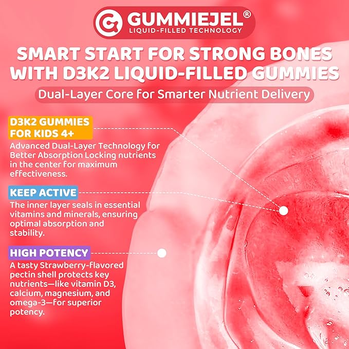 Vitamin D3 K2 + Calcium Liquid-filled Gummies for Kids &amp Teens 1000IU / 2000IU D3 with Magnesium Algal Omega 3 Kids Vitamins for Bones &amp Teeth Calcium Absorption Brain Immune Sugar-Free