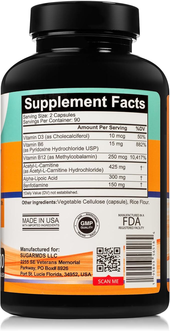 SugarMD Neuropathy Support Supplement – 180 Nerve Supplement Capsules with Alpha Lipoic Acid Benfotiamine &amp Vitamin D3 B6 B12 - Nerve Support for Feet Hands Fingers &amp Legs - 90 Day Supply