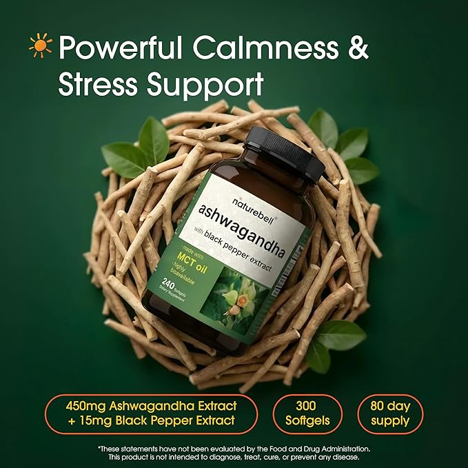 NatureBell Ashwagandha with Black Pepper Extract - 240 Softgels - Made with MCT Oil - Highly Bioavailable
