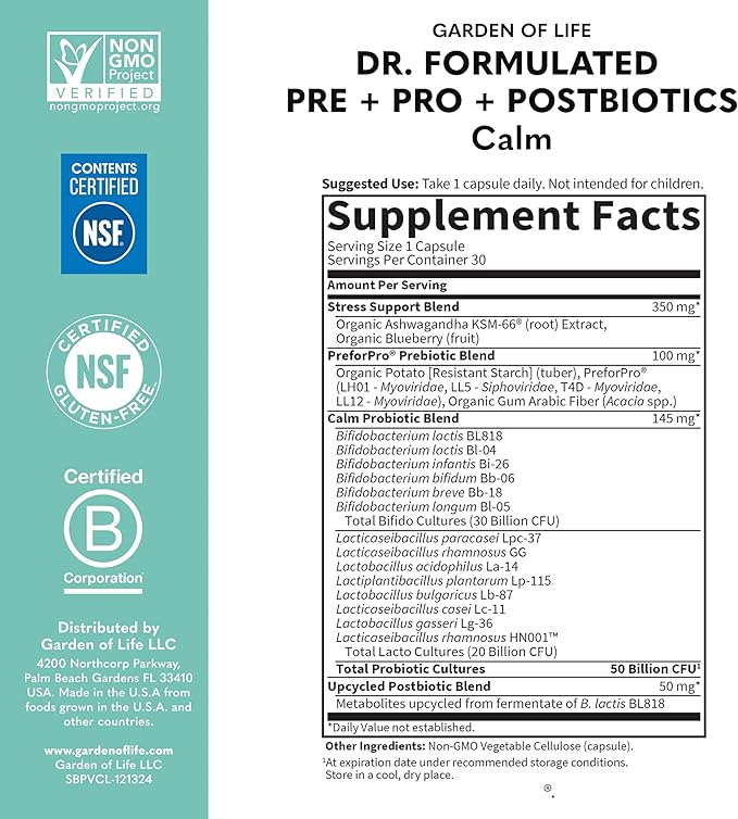 Garden of Life Dr. Formulated Pre Post &amp Probiotics Calm 50 Billion CFU Daily 3-in-1 Complete Supplement with Ashwagandha – Mood Support Digestive &amp Immune Support 30 Vegetarian Capsules