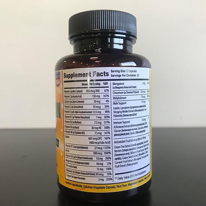 Men's Multivitamin Supplement for Energy Focus and Performance. Mens Vitamins A C D E &amp B12 Zinc Calcium Magnesium &amp More. Multi Vitamin 60 Capsules Made in The USA