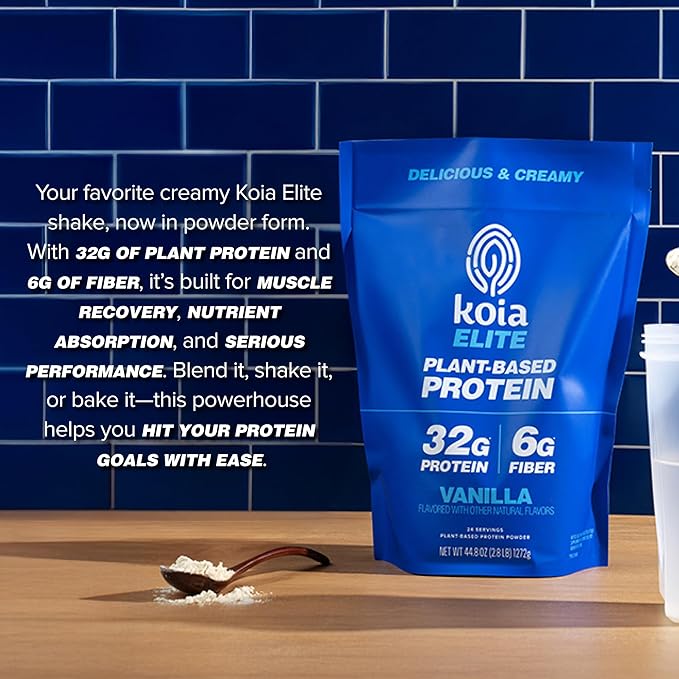 Koia Plant Based Protein Elite Powder Vanilla 32g Protein 4g Sugar 6g Prebiotic Fiber Pre &amp Post Workout 21 Vitamins &amp Minerals Dairy-Free Gluten-Free Non-GMO 24 Servings 44.8 Oz