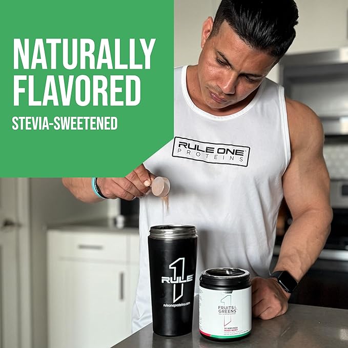 Rule 1 Proteins Fruits &amp Greens Powder - 40+ Active Ingredients Including 4g Fruit &amp Vegetable Concentrates + 2g Prebiotic Fiber for Daily Wellness (30 Servings Mixed Berry)
