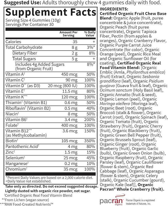 Garden of Life Organics Women's Gummy Vitamins - Berry - Certified Organic Non-GMO Vegan Kosher Complete Multi - Methyl B12 C &amp D3 - Gluten Soy &amp Dairy Free 120 Real Fruit Gummies