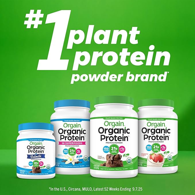 Orgain Organic Vegan Protein Powder Natural Unsweetened - 21g of Unflavored Plant Protein 4g Prebiotic Fiber Low Net Carbs No Added Sugar Non-GMO For Shakes &amp Recipes 1.59 lb