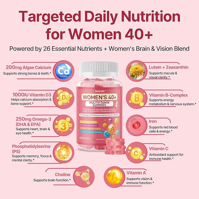 Multivitamin for Women Gummies for 40+ with Omega-3 Phosphatidylserine B-Complex Lutein Algae Calcium + Vitamin D3 for Brain Eye Energy Immune &amp Bone Support* – Vegan Sugar Free 120 Cts