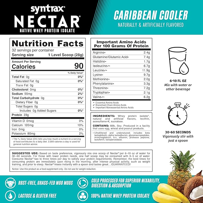 Syntrax Nutrition Nectar 100% Whey Protein Isolate Powder Refreshing Fruit Flavor Caribbean Cooler 2 lbs