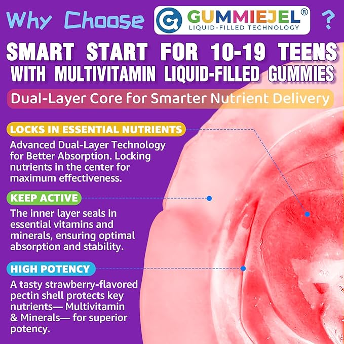 Multivitamin Filled Gummies for Teen Boys Girls 12-17 18 19 Kids 10+ Multivitamin with Omega 3 Calcium + Magnesium + Zinc Multi-Minerals for Adolescent 10-19S Brain Bone Energy Immune 2Pack