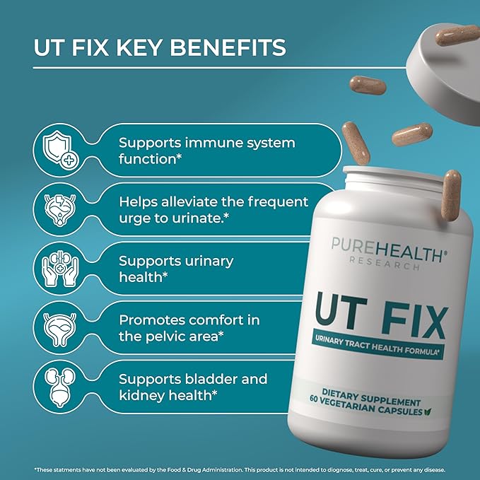 PUREHEALTH RESEARCH UT Fix - Urinary Tract Health Formula - Urinary Tract Support for Women &amp Men - Cranberry Supplement with D Mannose 1000mg Vitamin D3 &amp Bee Propolis - 60 Capsules
