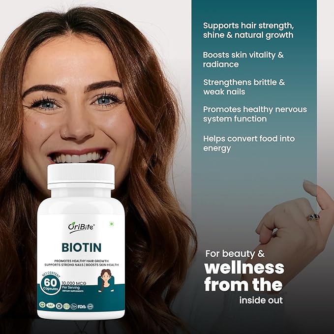 Biotin 10000 mcg with Zinc &amp Vitamin C – Hair Skin &amp Nail Support – Vegetarian Non-GMO &amp Gluten-Free Supplement – 60 Capsules