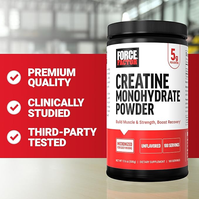 Force Factor Creatine Monohydrate Micronized Powder 500G 5g Dose to Support Muscle Growth Strength Recovery Cognitive Health &amp Memory Unflavored 100 Servings 17.6 Oz