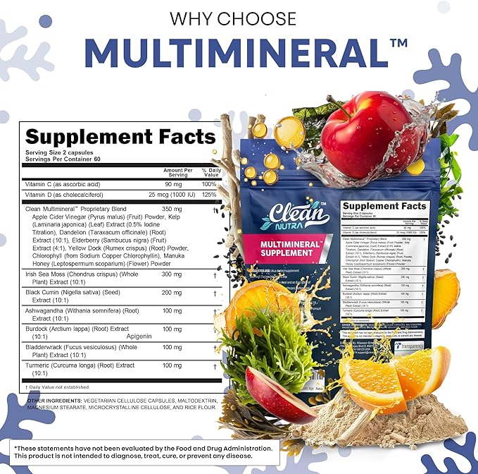 Clean Nutraceuticals Sea Moss Black Seed Oil Ashwagandha Turmeric Bladderwrack Burdock &amp Vitamin C Vitamin D3 with Elderberry Manuka Dandelion (120 Count (Pack of 1))