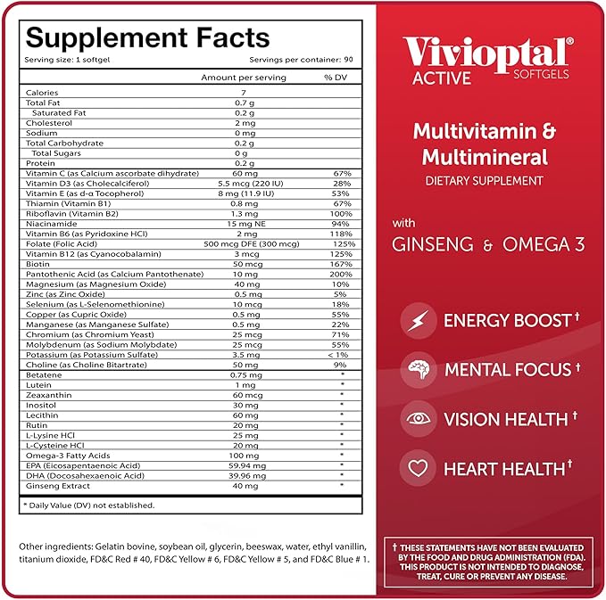 Vivioptal Active 90 Softgels Ginseng &amp Omega 3 Multivitamin &amp Multimineral Gluten Free German Formula